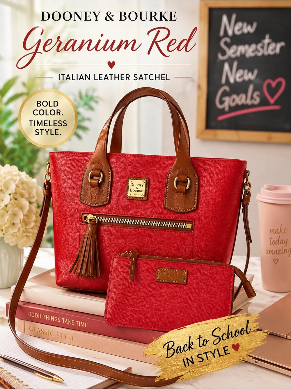 Dooney & Bourke SET of 2 Morgan Shoulder Bag Tote & Wristlet Geranium Red